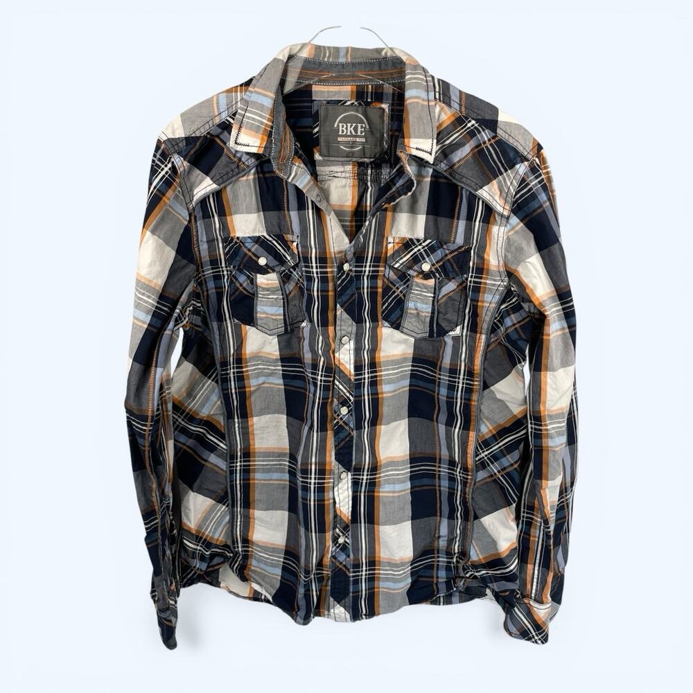 BKE Buckle Long Sleeve Pearl Snap Men's Orange Black Plaid Western Shirt Large